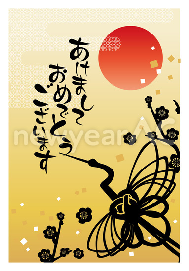 日の出が照らす鶴と梅の花のシルエット