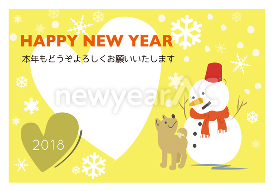 雪ダルマと犬　年賀状