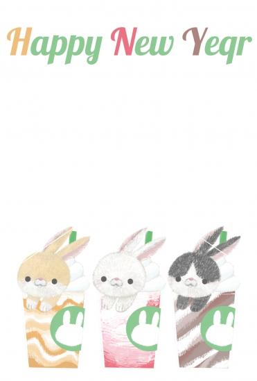 3匹の手描きうさぎ年賀状