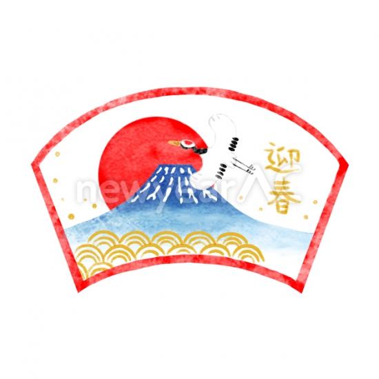 扇状に描かれた鶴と富士山