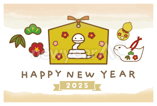絵馬とにじみ背景　かわいい巳年年賀状