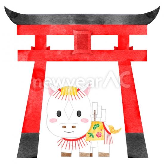 赤い鳥居と干支の白馬