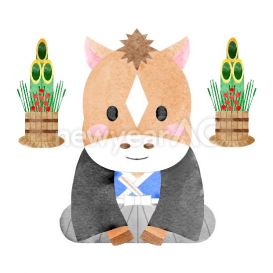 松と正座をしている干支の馬