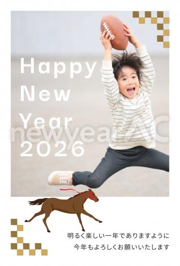 駆ける馬と市松模様の年賀状2026