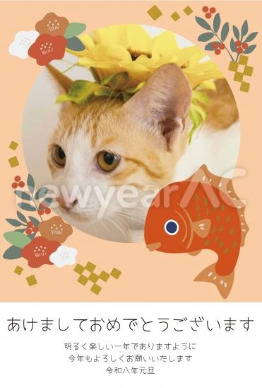 花と鯛をまとった猫の年賀状