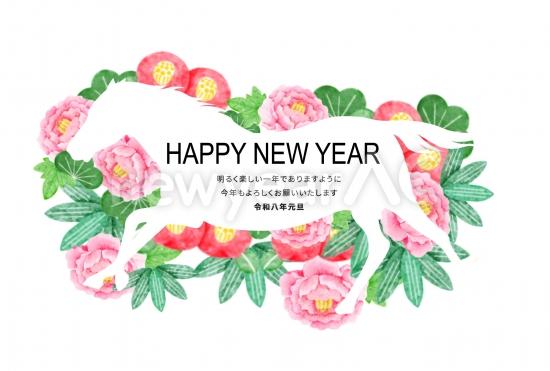 花リースと白馬のナチュラル年賀状