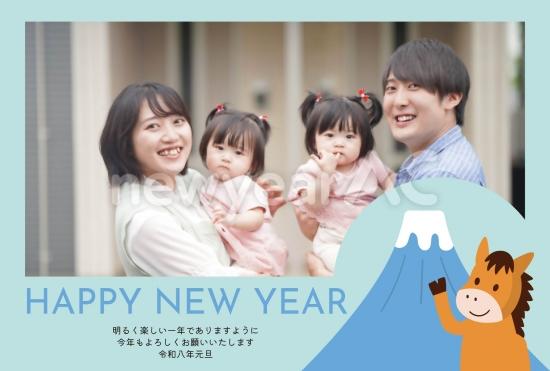 富士山と馬の爽やか年賀状