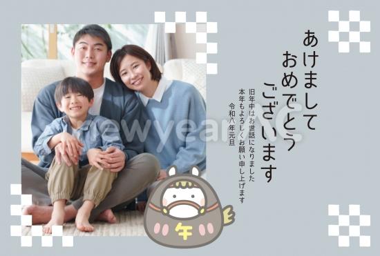 干支キャラと格子模様の和風年賀状