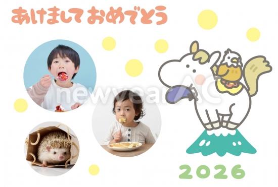 水玉と干支キャラの明るいポップ年賀