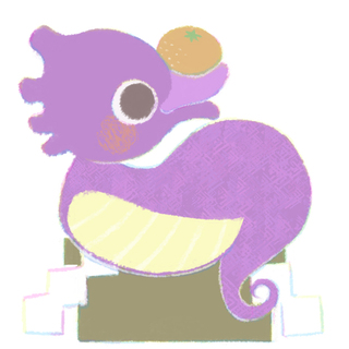 鏡餅に扮した紫のタツノオトシゴ