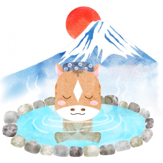 温泉に入っている干支の馬
