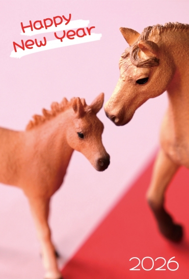 ピンクの親子馬年賀状